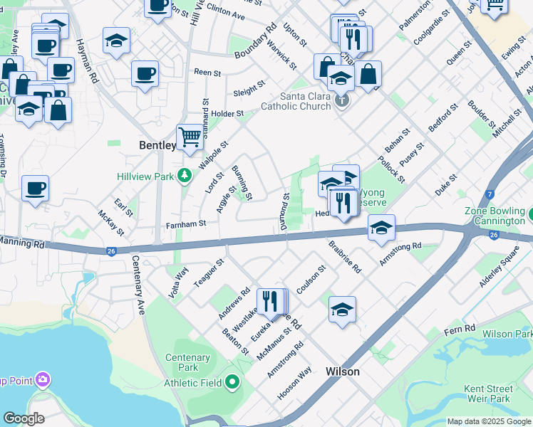 map of restaurants, bars, coffee shops, grocery stores, and more near 7 Deverell Way in Bentley