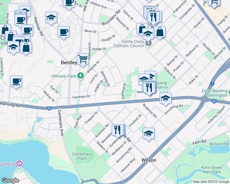 map of restaurants, bars, coffee shops, grocery stores, and more near 7A Deverell Way in Bentley