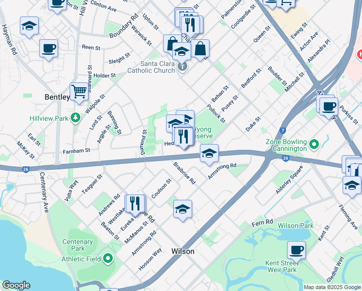 map of restaurants, bars, coffee shops, grocery stores, and more near 16 Hedley Street in Bentley