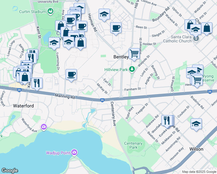 map of restaurants, bars, coffee shops, grocery stores, and more near 15A Earl Street in Bentley