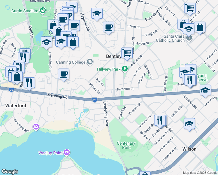 map of restaurants, bars, coffee shops, grocery stores, and more near 29 Farnham Street in Bentley