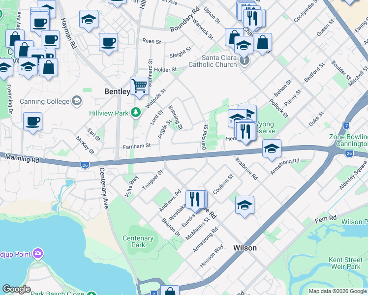 map of restaurants, bars, coffee shops, grocery stores, and more near 14A Deverell Way in Bentley