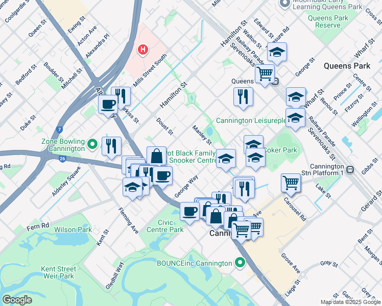 map of restaurants, bars, coffee shops, grocery stores, and more near Herndon Close in Cannington