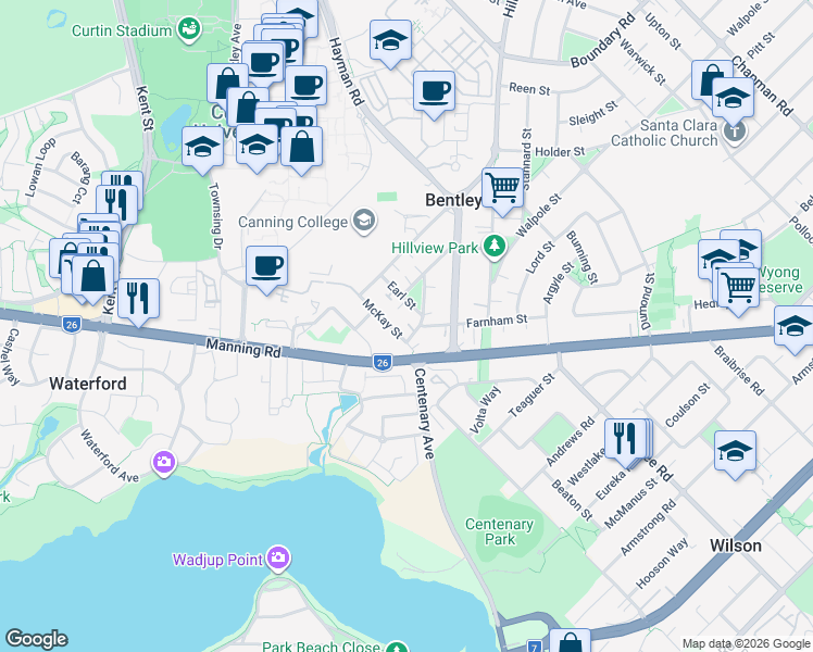 map of restaurants, bars, coffee shops, grocery stores, and more near 25-27 Sill Street in Bentley