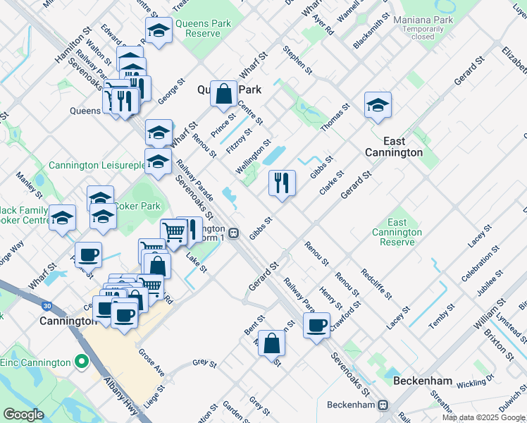 map of restaurants, bars, coffee shops, grocery stores, and more near 18 Gibbs Street in East Cannington