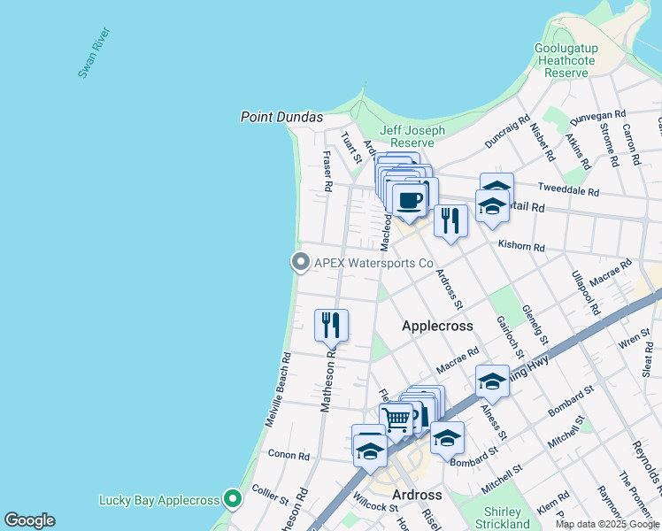 map of restaurants, bars, coffee shops, grocery stores, and more near 95 Matheson Road in Applecross