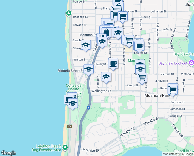 map of restaurants, bars, coffee shops, grocery stores, and more near 4 Gibbon Street in Mosman Park