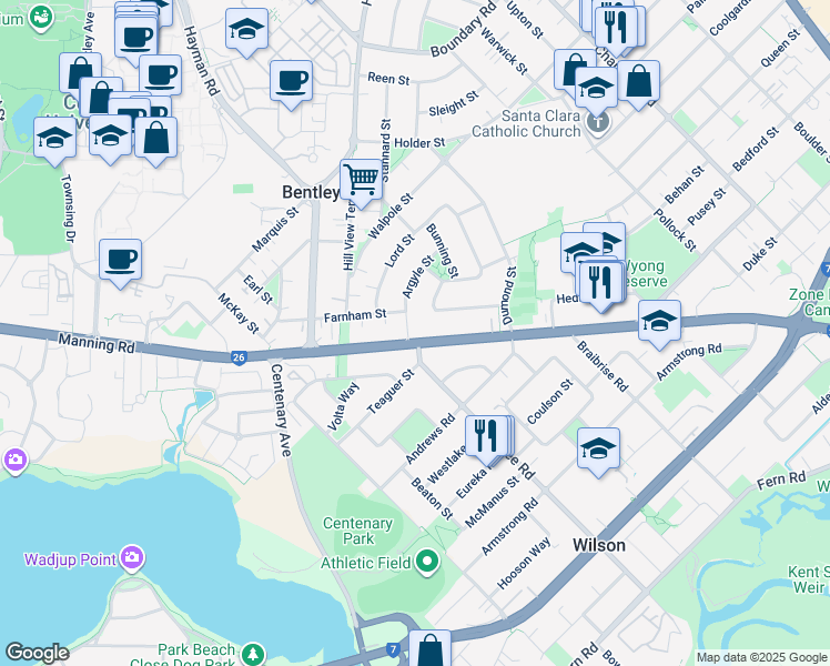 map of restaurants, bars, coffee shops, grocery stores, and more near 173 Manning Road in Bentley