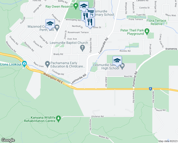 map of restaurants, bars, coffee shops, grocery stores, and more near 0 Silverdale Road in Lesmurdie