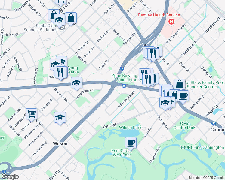 map of restaurants, bars, coffee shops, grocery stores, and more near 8 Leach Highway in Wilson