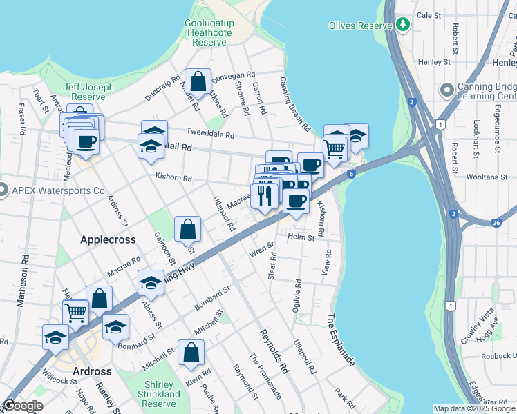 map of restaurants, bars, coffee shops, grocery stores, and more near 4 Jane Road in Applecross