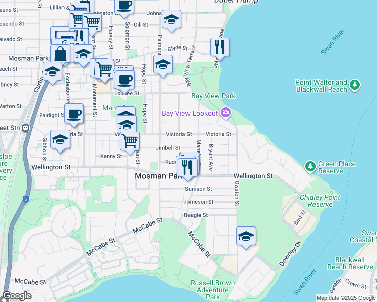 map of restaurants, bars, coffee shops, grocery stores, and more near 32 Jimbell Street in Mosman Park