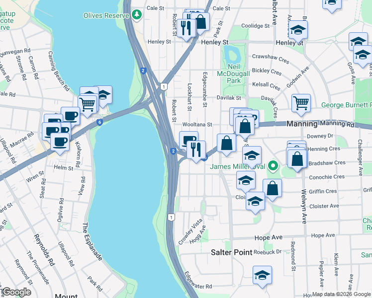map of restaurants, bars, coffee shops, grocery stores, and more near 169 Lockhart Street in Como