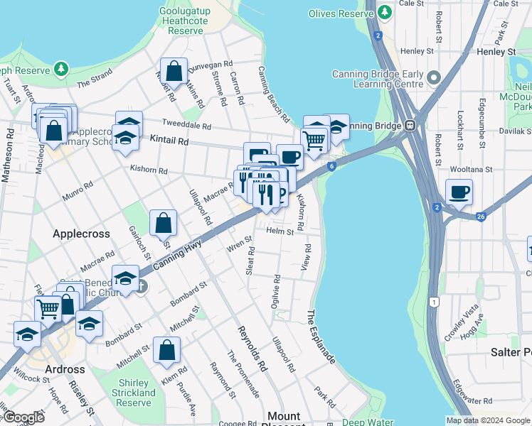 map of restaurants, bars, coffee shops, grocery stores, and more near 893 Canning Highway in Mount Pleasant