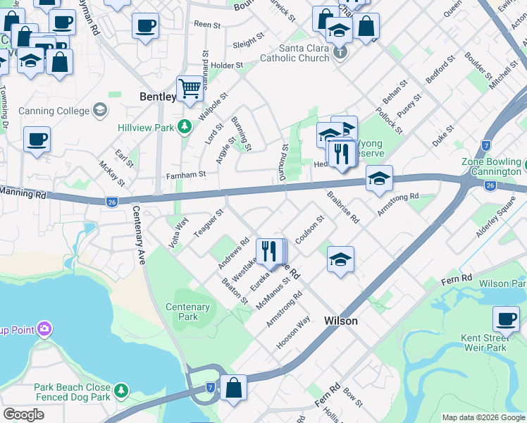 map of restaurants, bars, coffee shops, grocery stores, and more near 10A Holford Way in Wilson