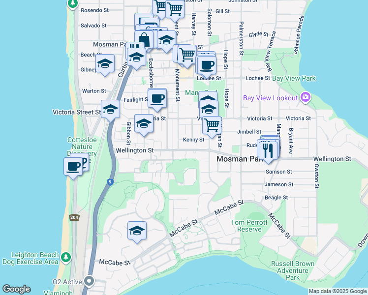 map of restaurants, bars, coffee shops, grocery stores, and more near 115 Monument Street in Mosman Park