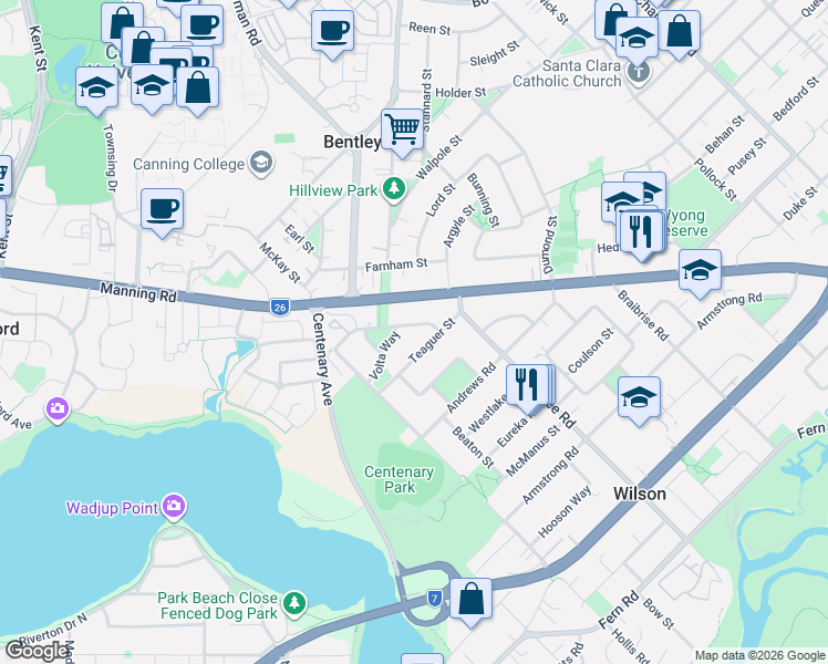 map of restaurants, bars, coffee shops, grocery stores, and more near 8 Parkhill Way in Wilson