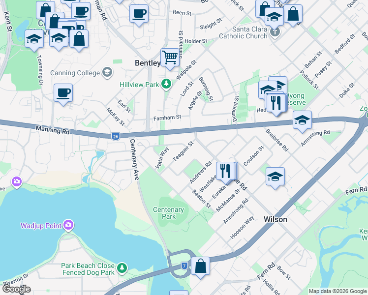 map of restaurants, bars, coffee shops, grocery stores, and more near 7 Teaguer Street in Wilson