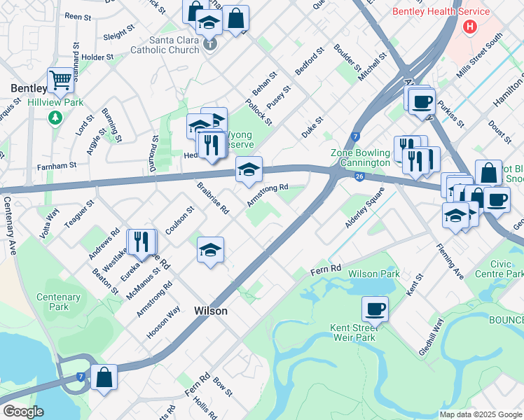 map of restaurants, bars, coffee shops, grocery stores, and more near in Wilson