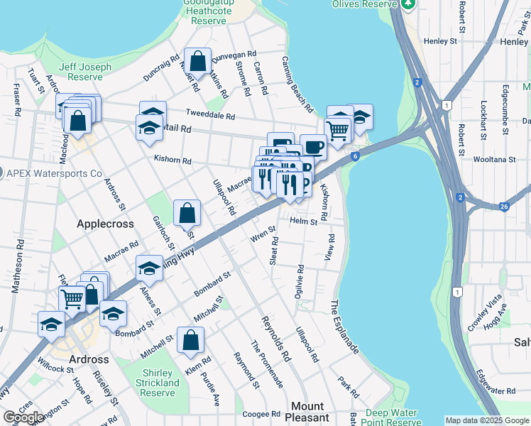 map of restaurants, bars, coffee shops, grocery stores, and more near 885 Canning Highway in Applecross