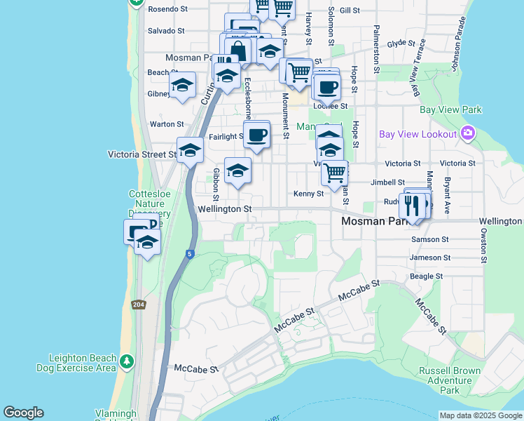 map of restaurants, bars, coffee shops, grocery stores, and more near 30 Wellington Street in Mosman Park