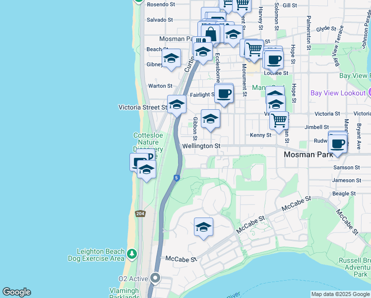 map of restaurants, bars, coffee shops, grocery stores, and more near 716 Stirling Highway in Mosman Park