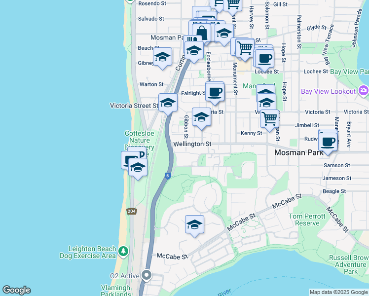map of restaurants, bars, coffee shops, grocery stores, and more near 4 Wellington Street in Mosman Park