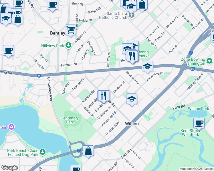 map of restaurants, bars, coffee shops, grocery stores, and more near 46 Hopkinson Way in Wilson