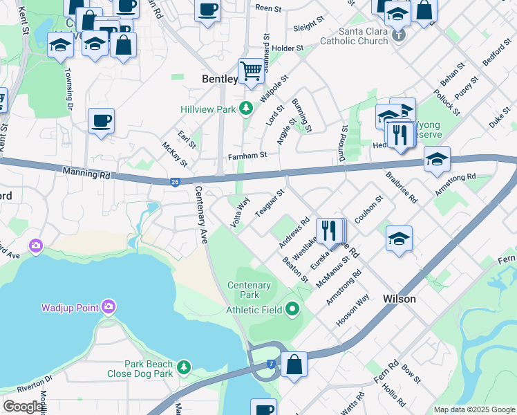 map of restaurants, bars, coffee shops, grocery stores, and more near 13 Teaguer Street in Wilson