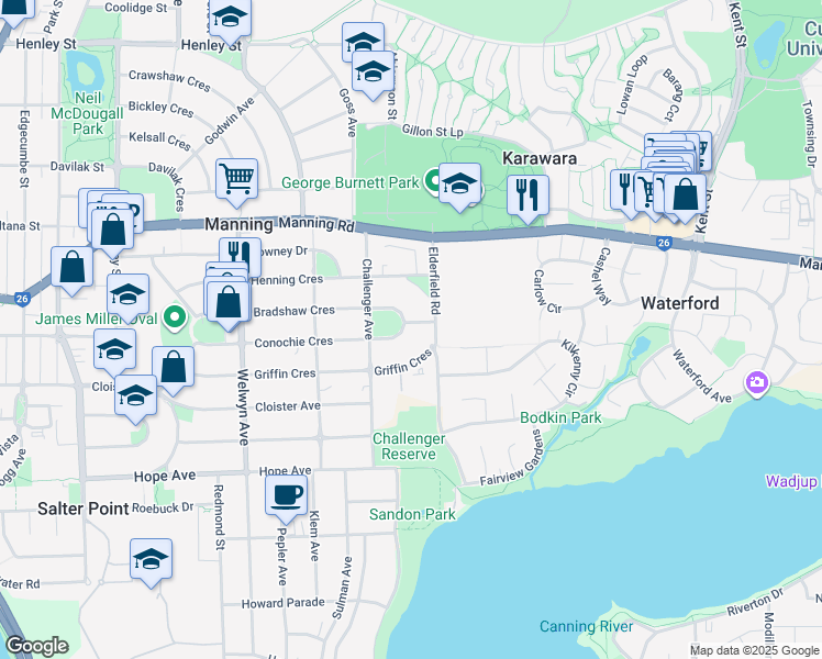 map of restaurants, bars, coffee shops, grocery stores, and more near 65 Conochie Crescent in Manning