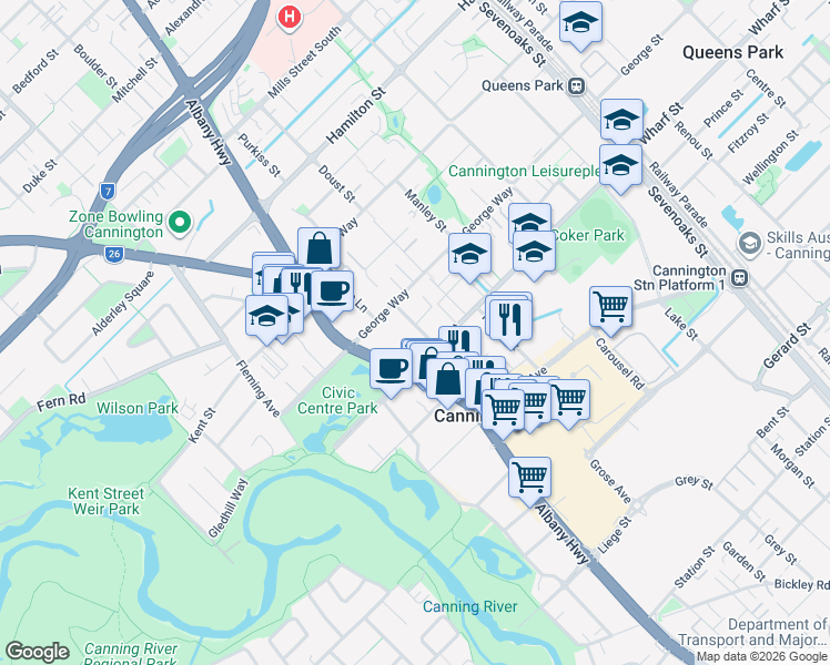 map of restaurants, bars, coffee shops, grocery stores, and more near 11 Bauer Street in Cannington