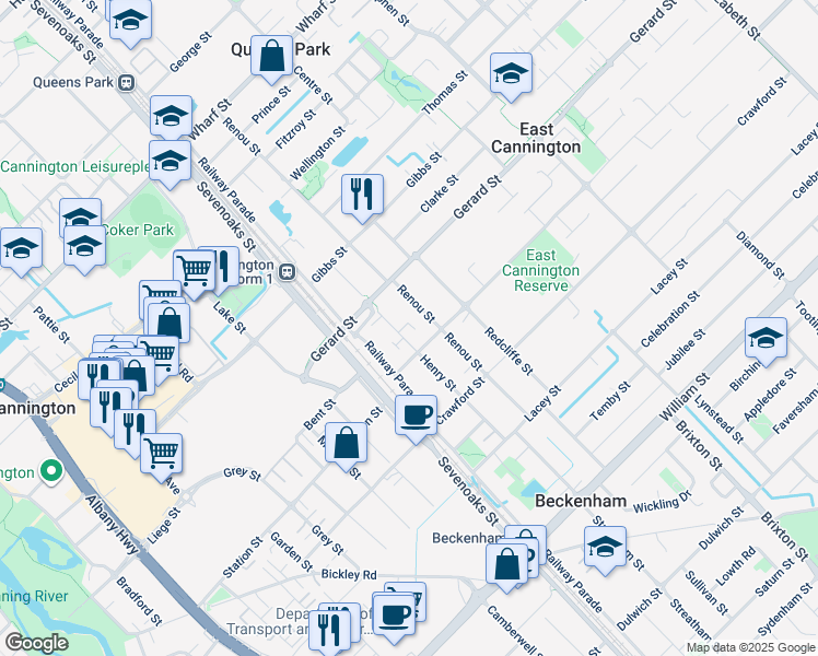map of restaurants, bars, coffee shops, grocery stores, and more near 36 Henry Street in East Cannington