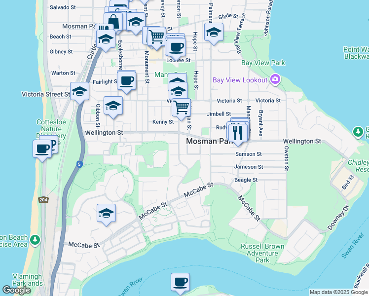 map of restaurants, bars, coffee shops, grocery stores, and more near 8 Baring Street in Mosman Park