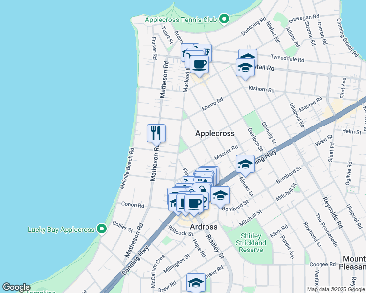 map of restaurants, bars, coffee shops, grocery stores, and more near 50 Macleod Road in Applecross
