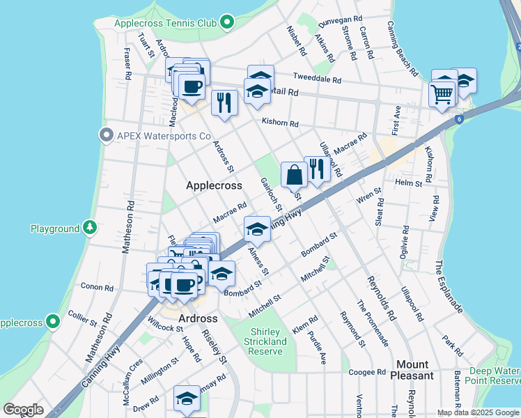 map of restaurants, bars, coffee shops, grocery stores, and more near 102 Ardross Street in Applecross
