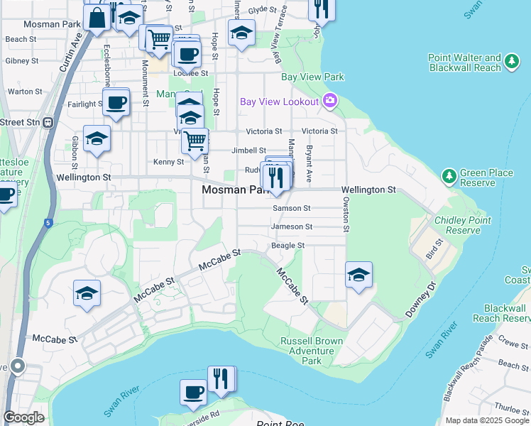 map of restaurants, bars, coffee shops, grocery stores, and more near 18 Samson Street in Mosman Park