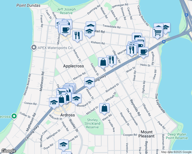map of restaurants, bars, coffee shops, grocery stores, and more near 822 Canning Highway in Applecross