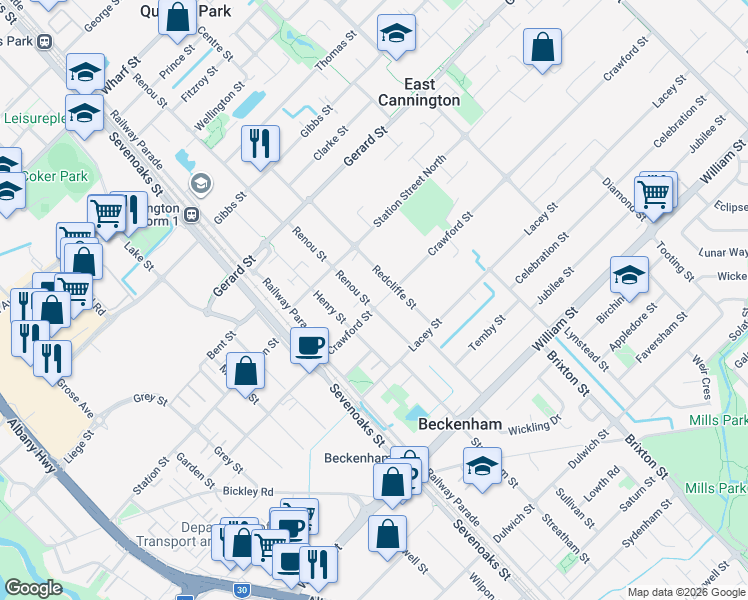 map of restaurants, bars, coffee shops, grocery stores, and more near 56 Crawford Street in East Cannington