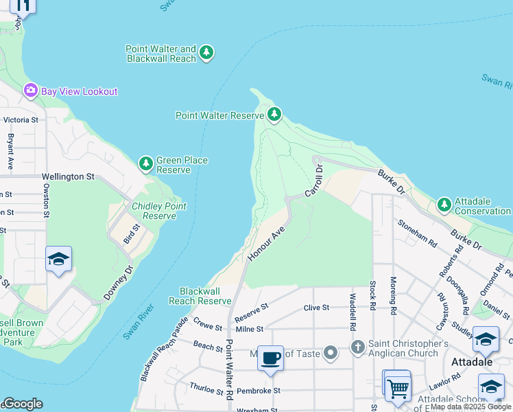 map of restaurants, bars, coffee shops, grocery stores, and more near 5 Honour Avenue in Bicton