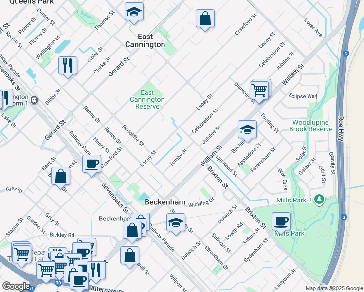 map of restaurants, bars, coffee shops, grocery stores, and more near 27A Temby Street in Beckenham