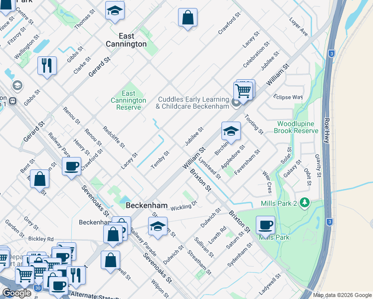 map of restaurants, bars, coffee shops, grocery stores, and more near 2 Jubilee Street in Beckenham