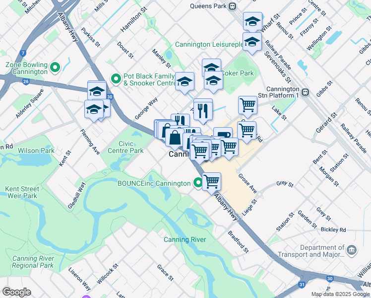 map of restaurants, bars, coffee shops, grocery stores, and more near Albany Highway in Cannington