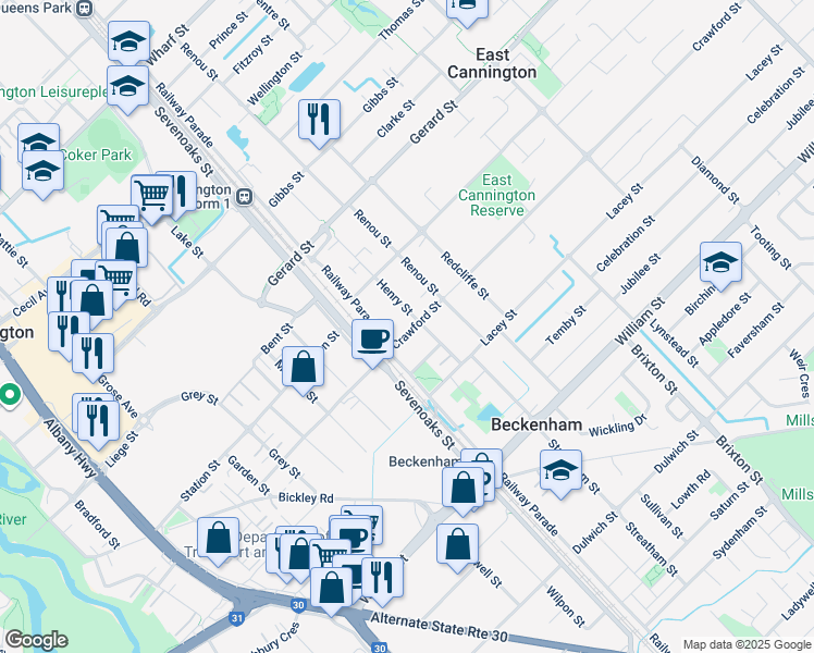 map of restaurants, bars, coffee shops, grocery stores, and more near 44 Crawford Street in East Cannington