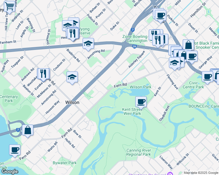 map of restaurants, bars, coffee shops, grocery stores, and more near 74 Braibrise Road in Wilson