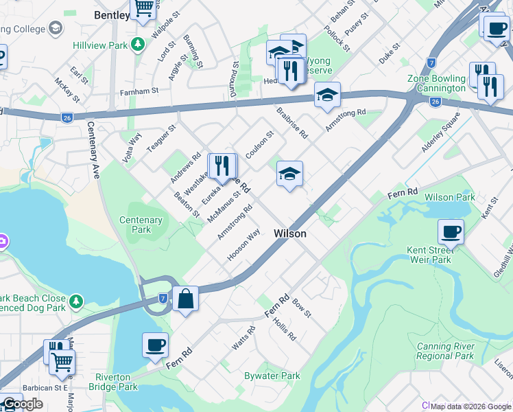 map of restaurants, bars, coffee shops, grocery stores, and more near 65 Bungaree Road in Wilson