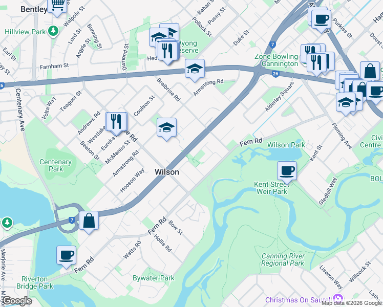 map of restaurants, bars, coffee shops, grocery stores, and more near 86 Leach Highway in Wilson