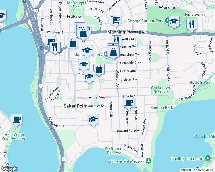 map of restaurants, bars, coffee shops, grocery stores, and more near 8 Parsons Avenue in Manning