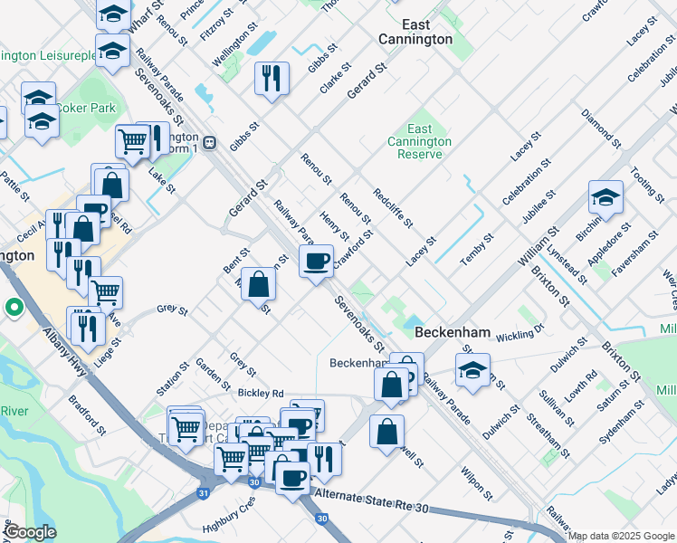 map of restaurants, bars, coffee shops, grocery stores, and more near 318 Railway Parade in East Cannington