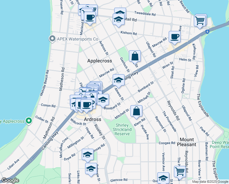map of restaurants, bars, coffee shops, grocery stores, and more near 65 Alness Street in Ardross