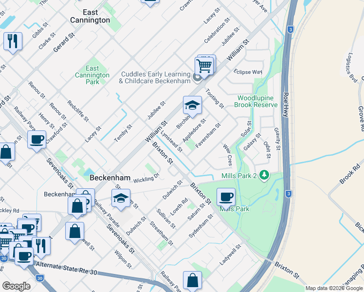 map of restaurants, bars, coffee shops, grocery stores, and more near 18 Lynstead Street in Beckenham